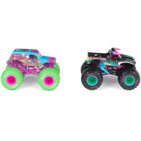Monster Jam 1:64 scale trucks pack close-up with logos and chrome shine
