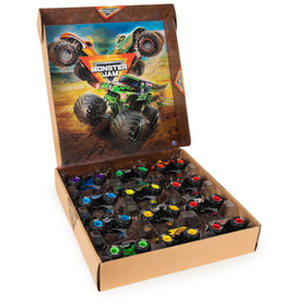 Monster Jam 12-pack box front featuring official 1:64 scale trucks for collectors.