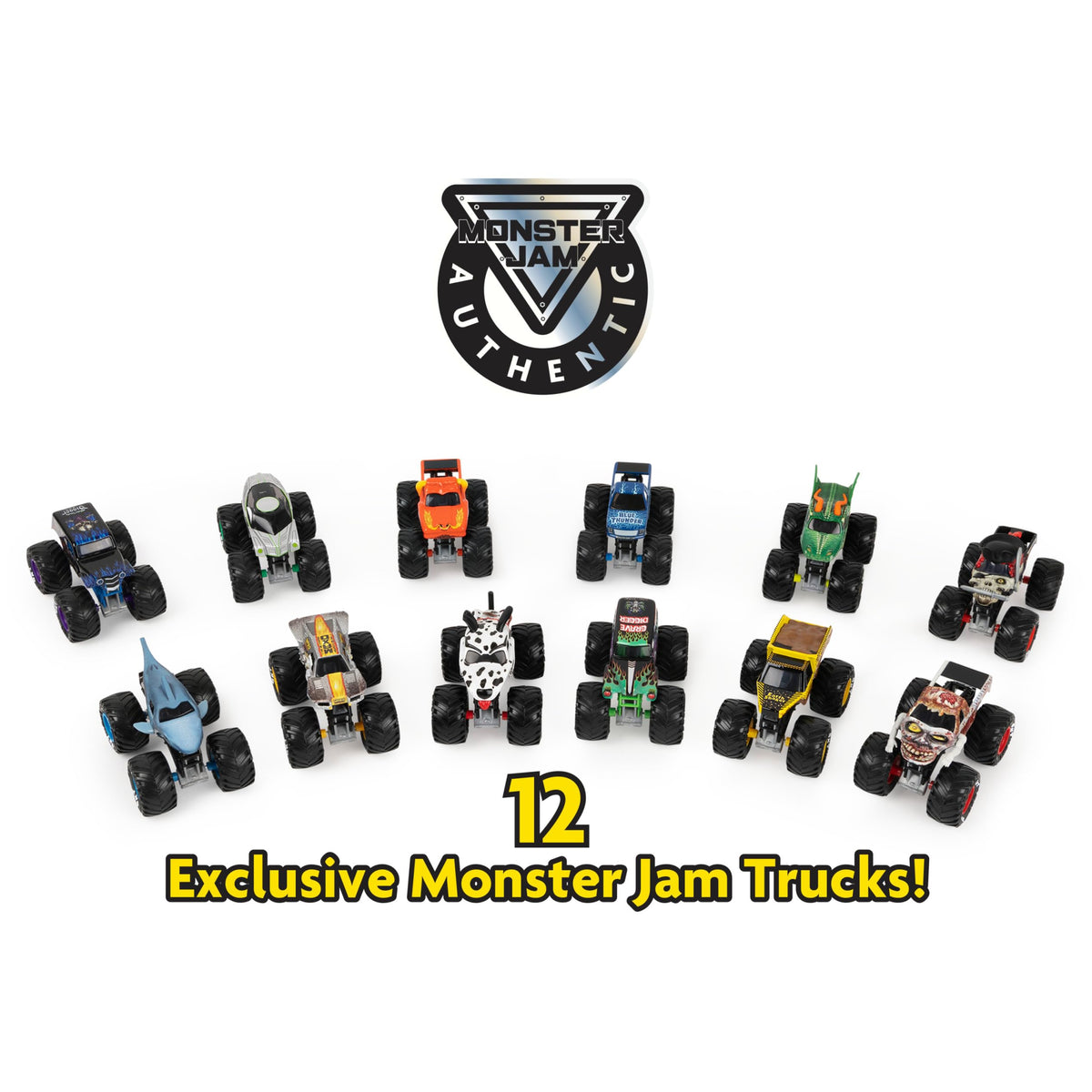 Monster Jam 12-pack trucks lineup with bold graphics for display and imaginative play.