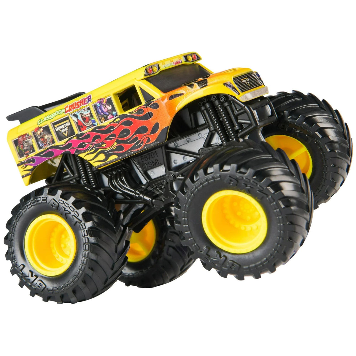 Monster Jam truck featuring BKT tires and detailed chassis for realism