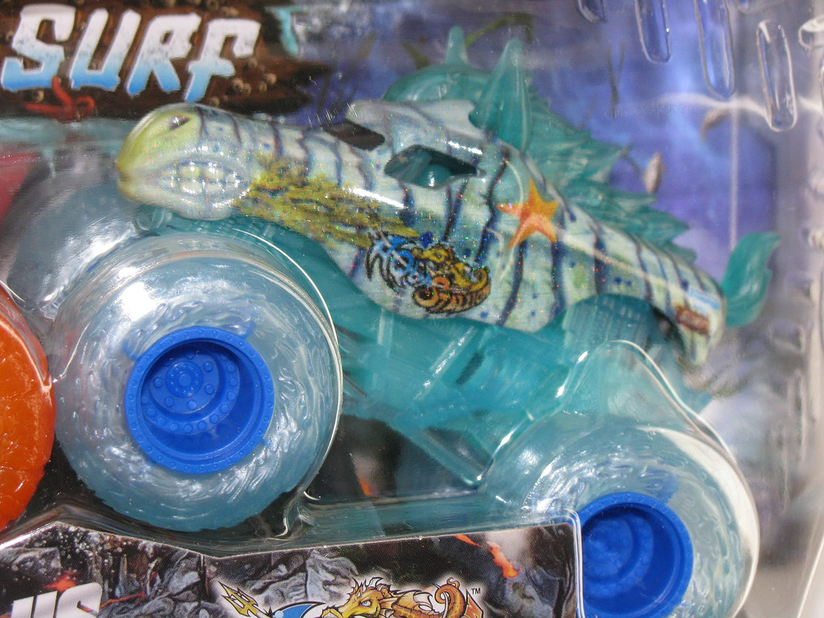 Monster Jam 1:64 scale trucks displayed together highlighting Earth vs Surf theme