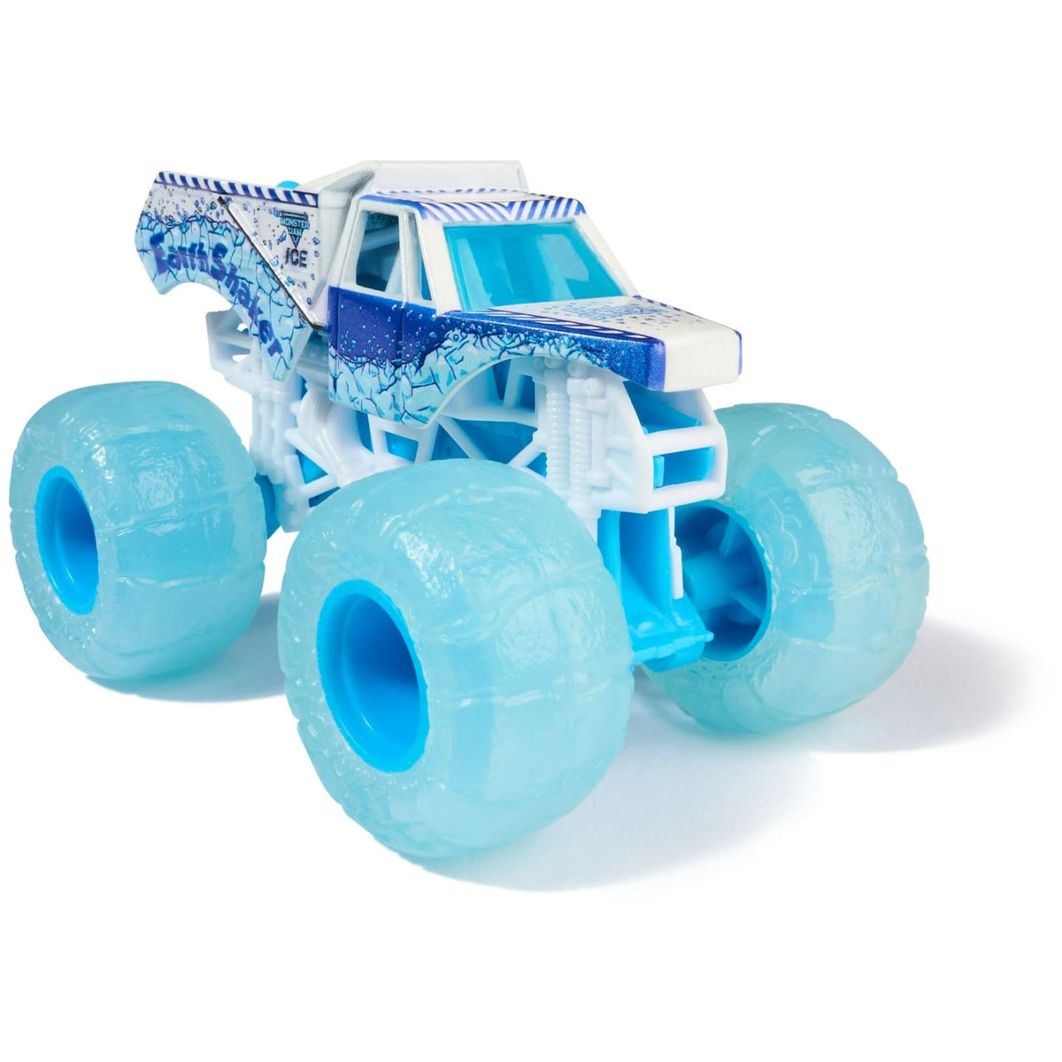 Monster Jam 2024 Fire Ice Earth Shaker diecast side view captures durable build.