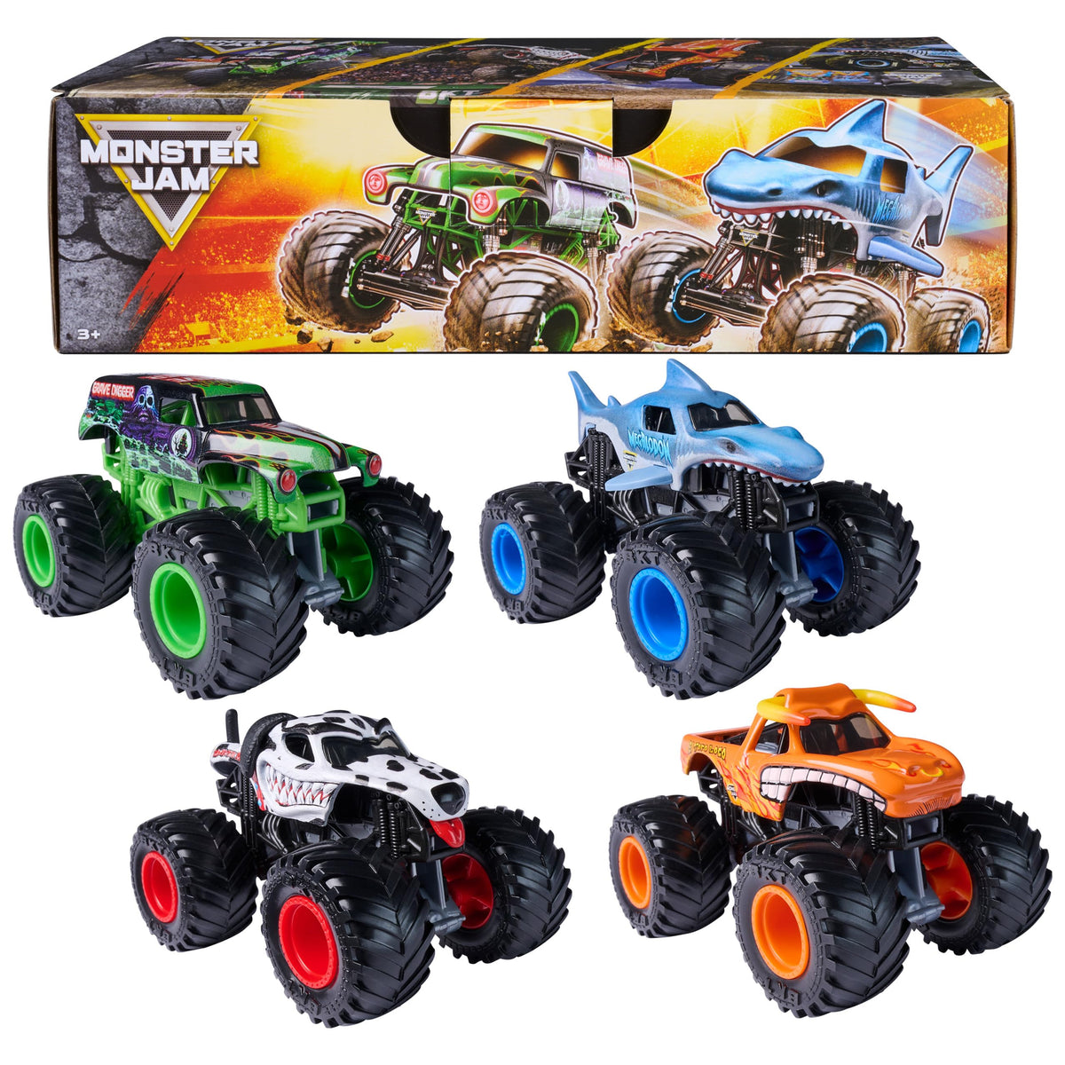 Monster Jam All Stars 4-Pack trucks with exclusive deco for collector play.