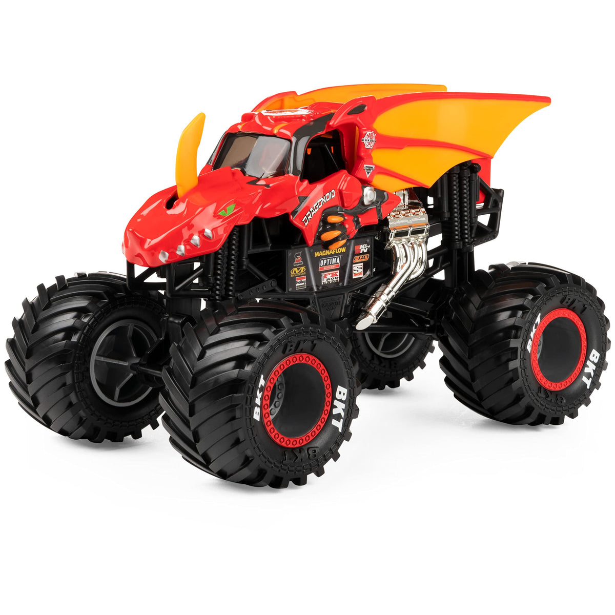 Monster Jam Bakugan Dragonoid 1:24-scale truck featuring BKT tires for extra traction.