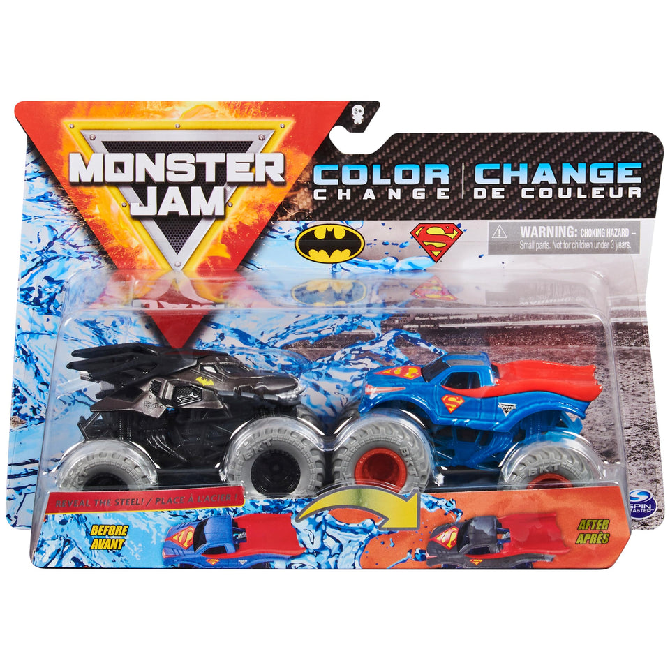 Monster Jam Batman vs Superman color-change trucks, front view with vibrant graphics
