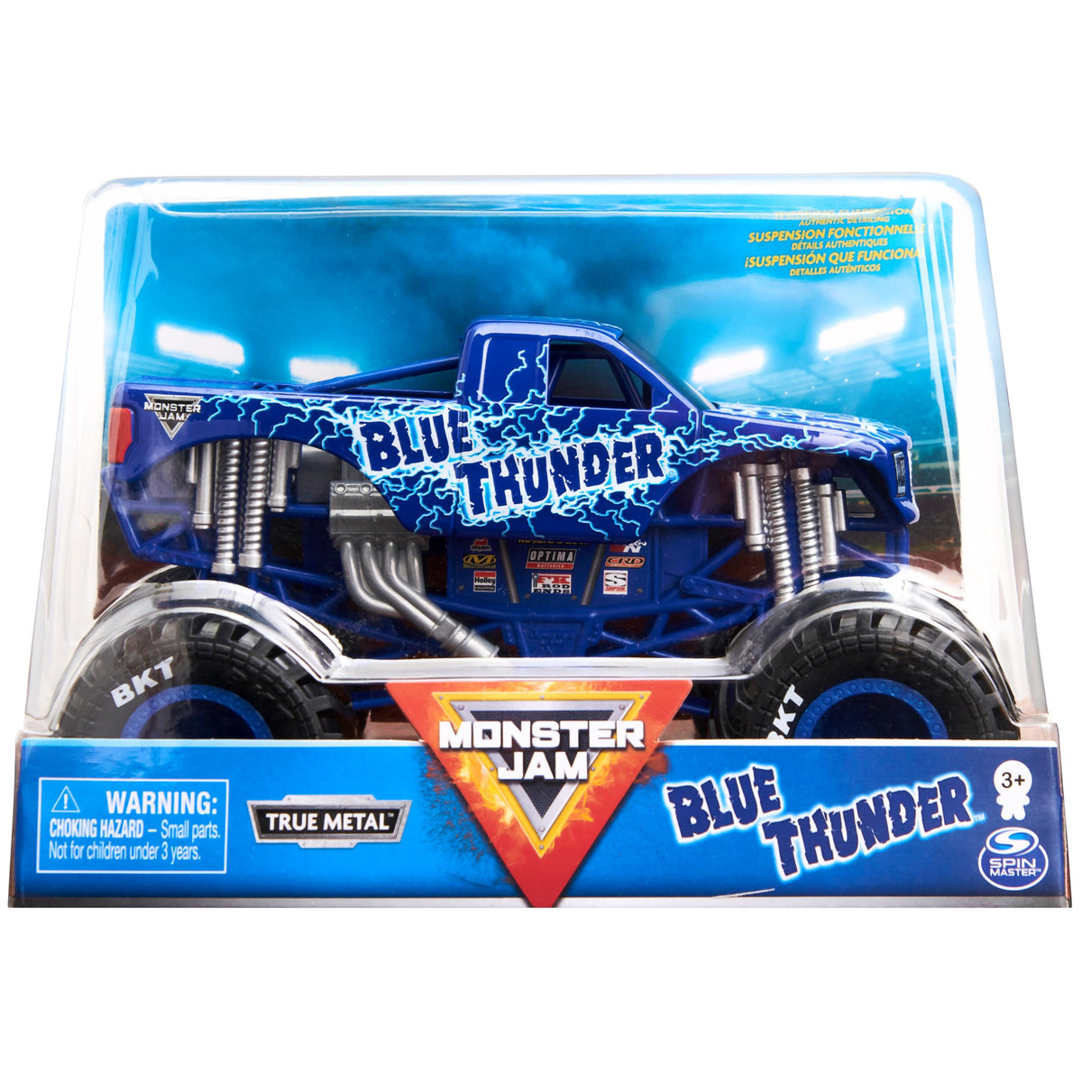 Monster Jam Blue Thunder 1:24 scale truck front view, authentic details for display.