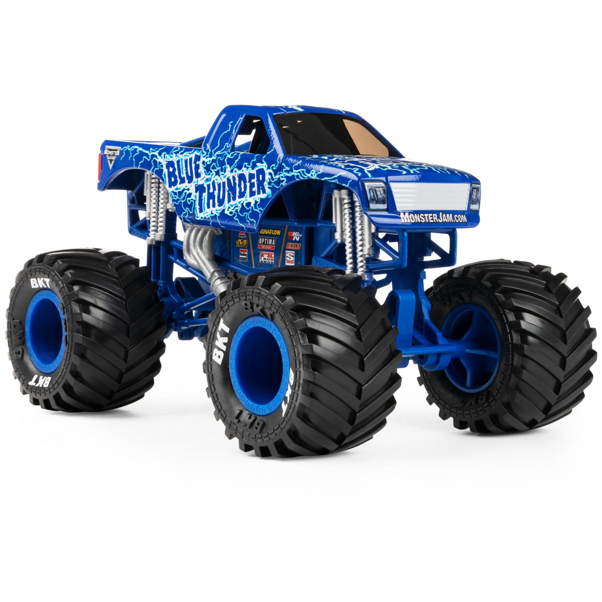 Monster Jam Blue Thunder 1:24 scale tire detail, BKT tires for traction realism.