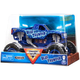 Monster Jam Blue Thunder 1:24 scale top view, iconic silhouette on a shelf.