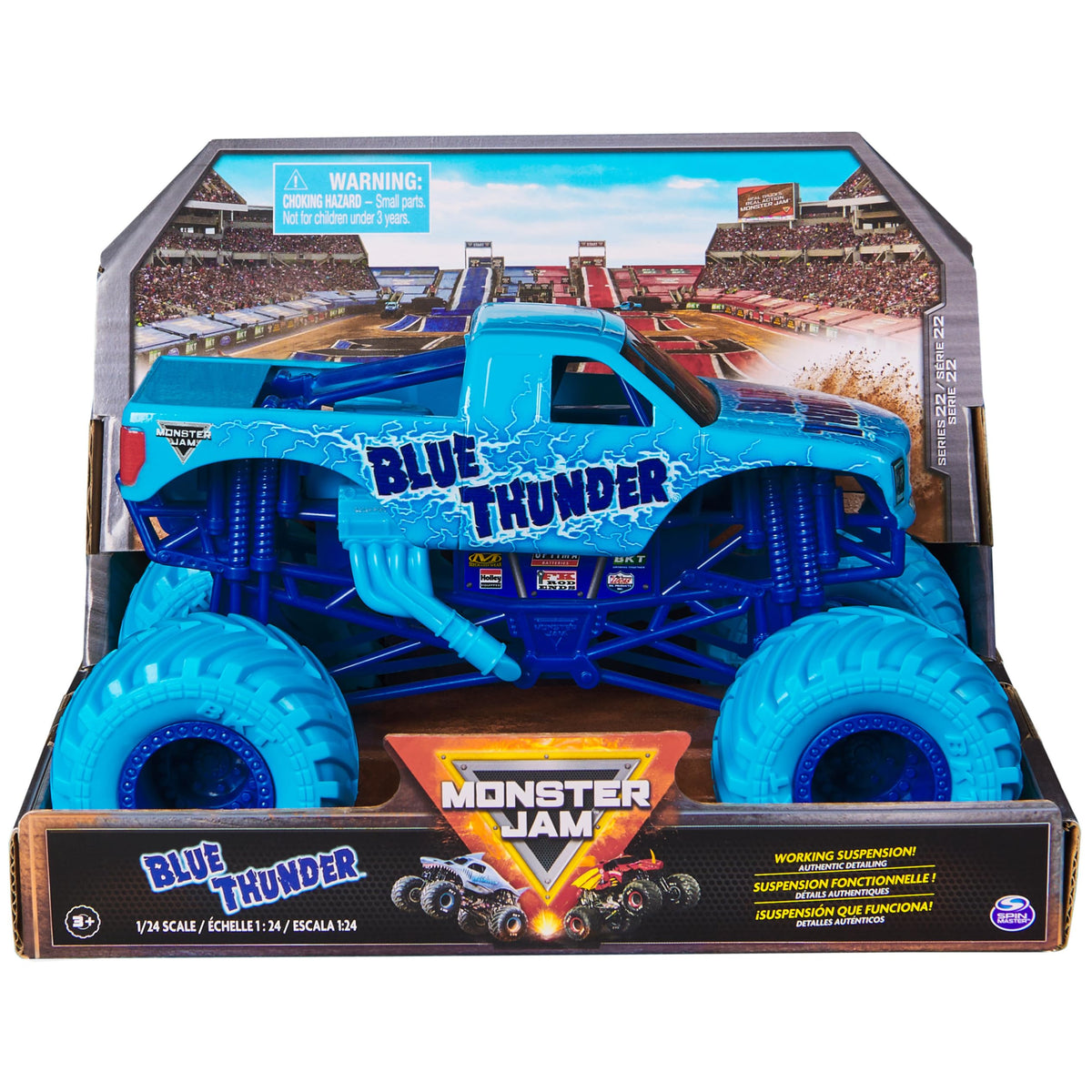 Monster Jam Blue Thunder Aqua 1:24 die-cast truck with chrome rims for durable collection play.