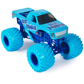 Monster Jam Blue Thunder chrome rims detail enhances authentic look for display and play.