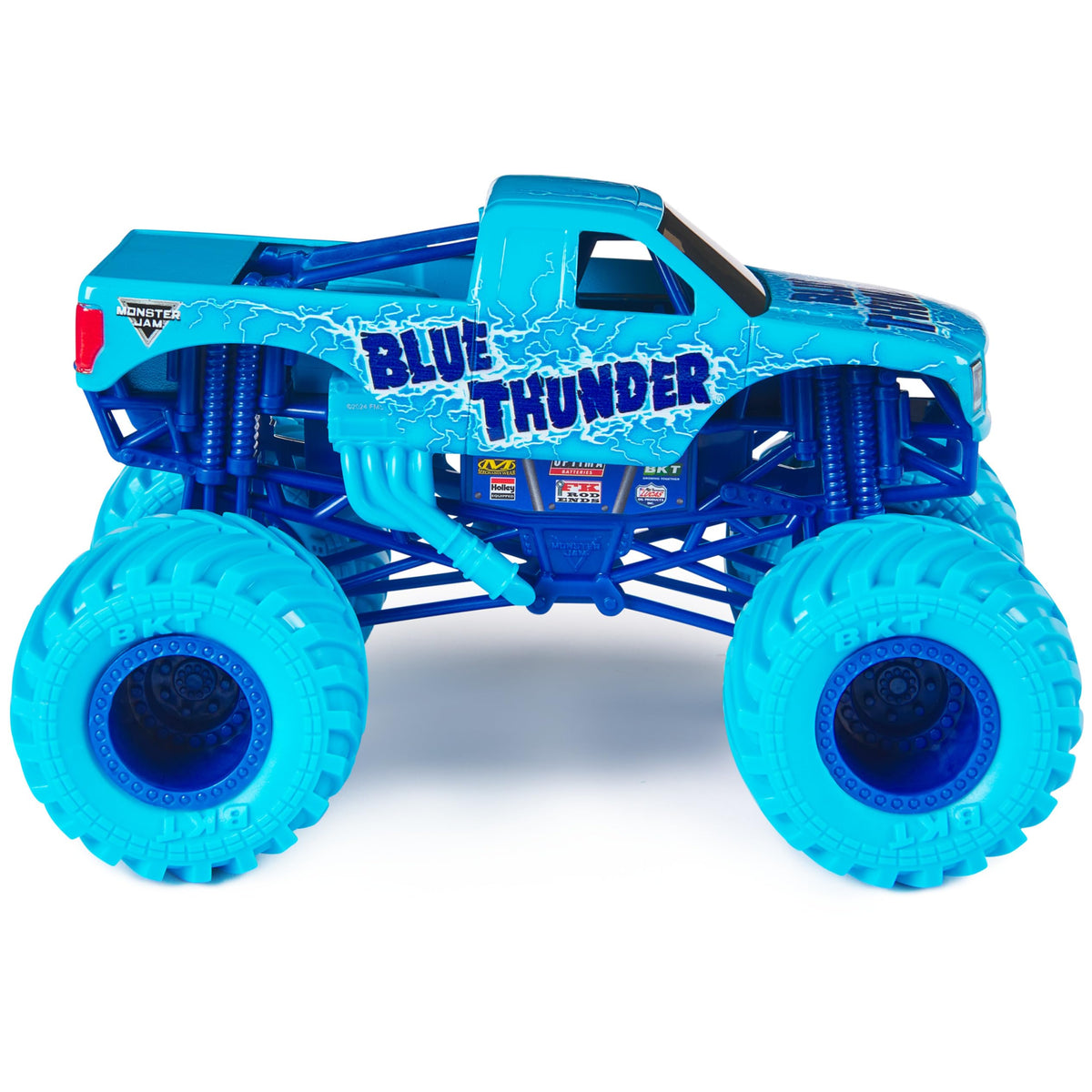Monster Jam Blue Thunder detailed chassis adds realism to pretend races.