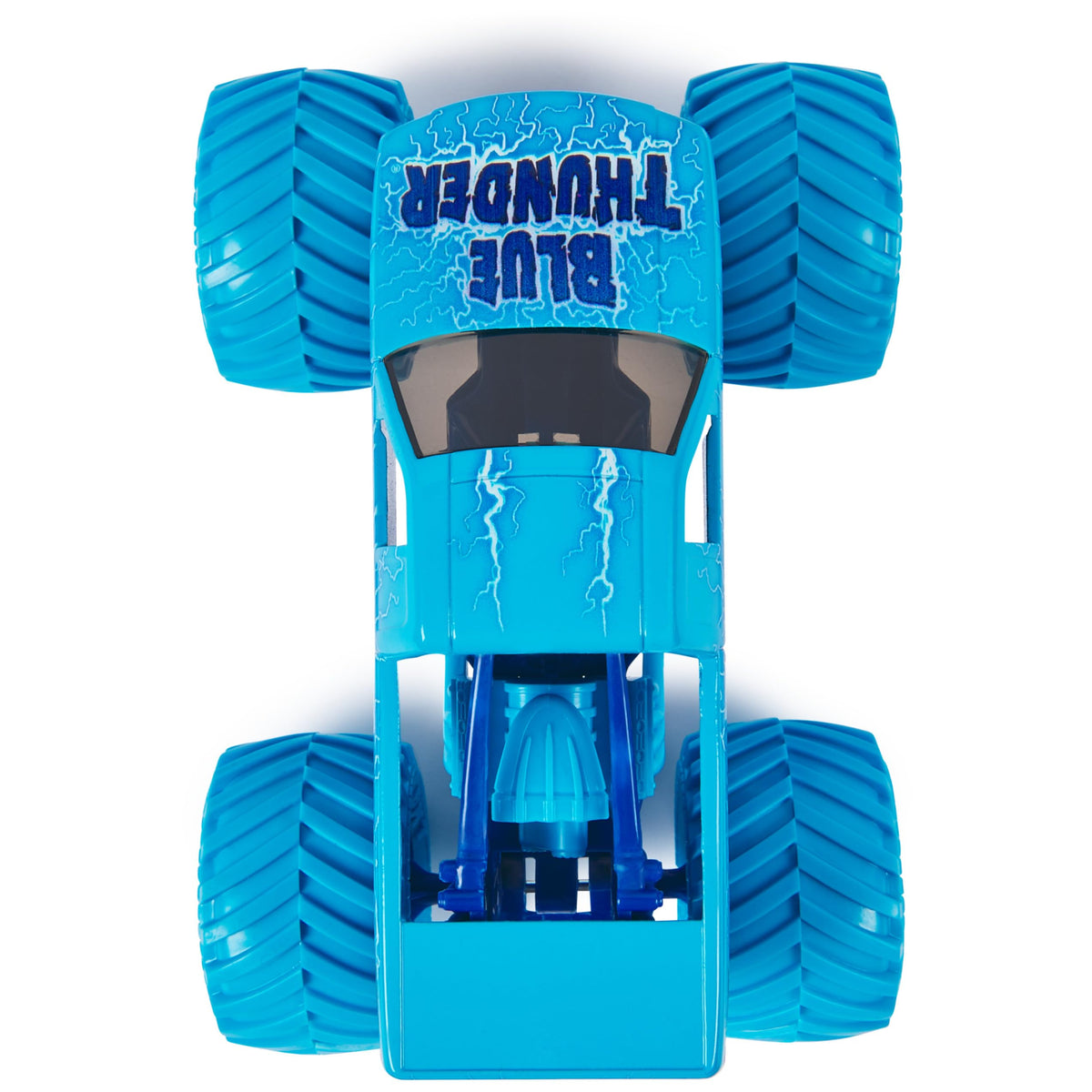 Monster Jam Blue Thunder working suspension absorbs impacts for smoother jumps.