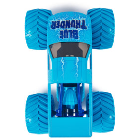 Monster Jam Blue Thunder working suspension absorbs impacts for smoother jumps.