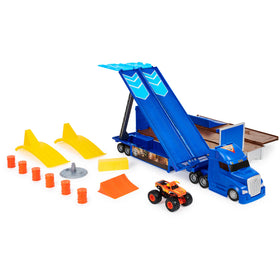 Barrels placed on the cab of the hauler for obstacle play