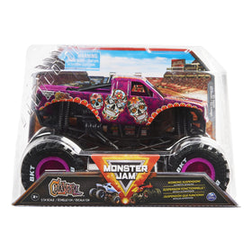 Monster Jam Calavera truck front view highlights bold graphics and authentic 1:24 scale detail for collecting or play