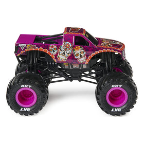 Monster Jam Calavera truck side view showcases dynamic graphics and durable die-cast body for kids' play