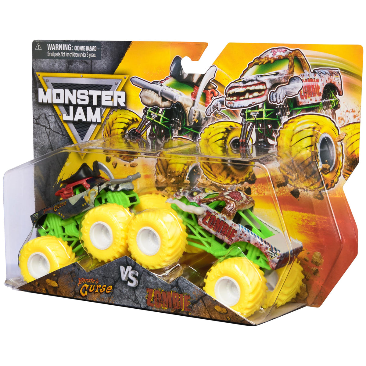 Monster Jam 1:64 scale die-cast pairs with official tires and chassis for collectible action.