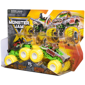 Monster Jam 1:64 scale die-cast pairs with official tires and chassis for collectible action.
