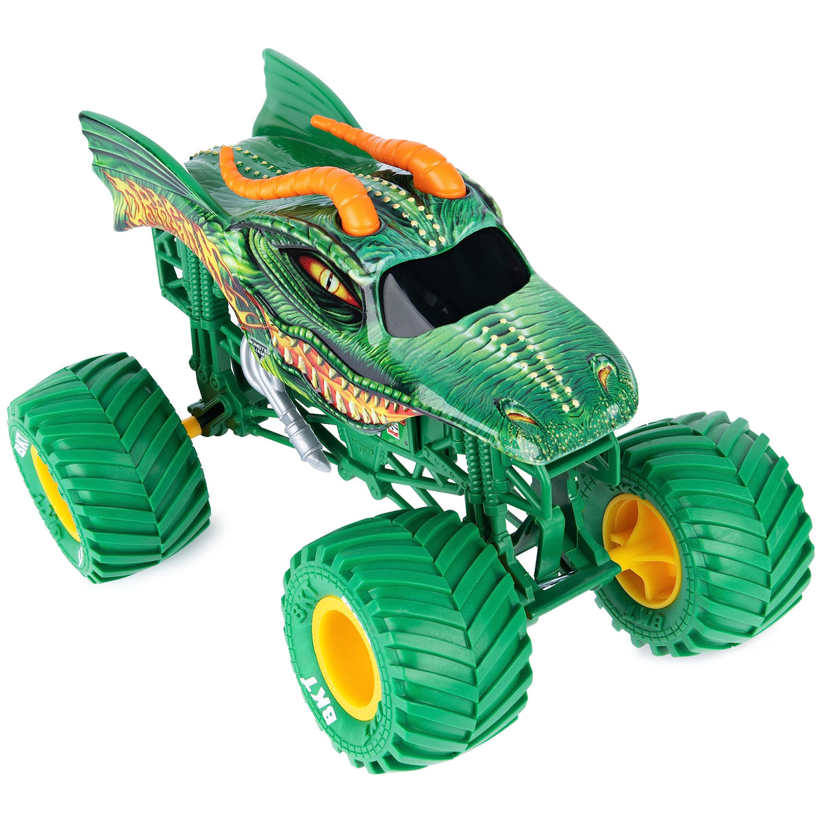 Monster Jam detailed chassis and graphics enhance display and play experience.