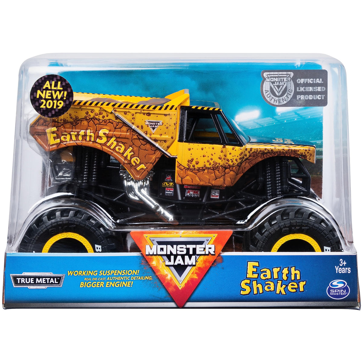 Monster Jam Earth Shaker 1:24 scale truck front view with detailed graphics and official tires.