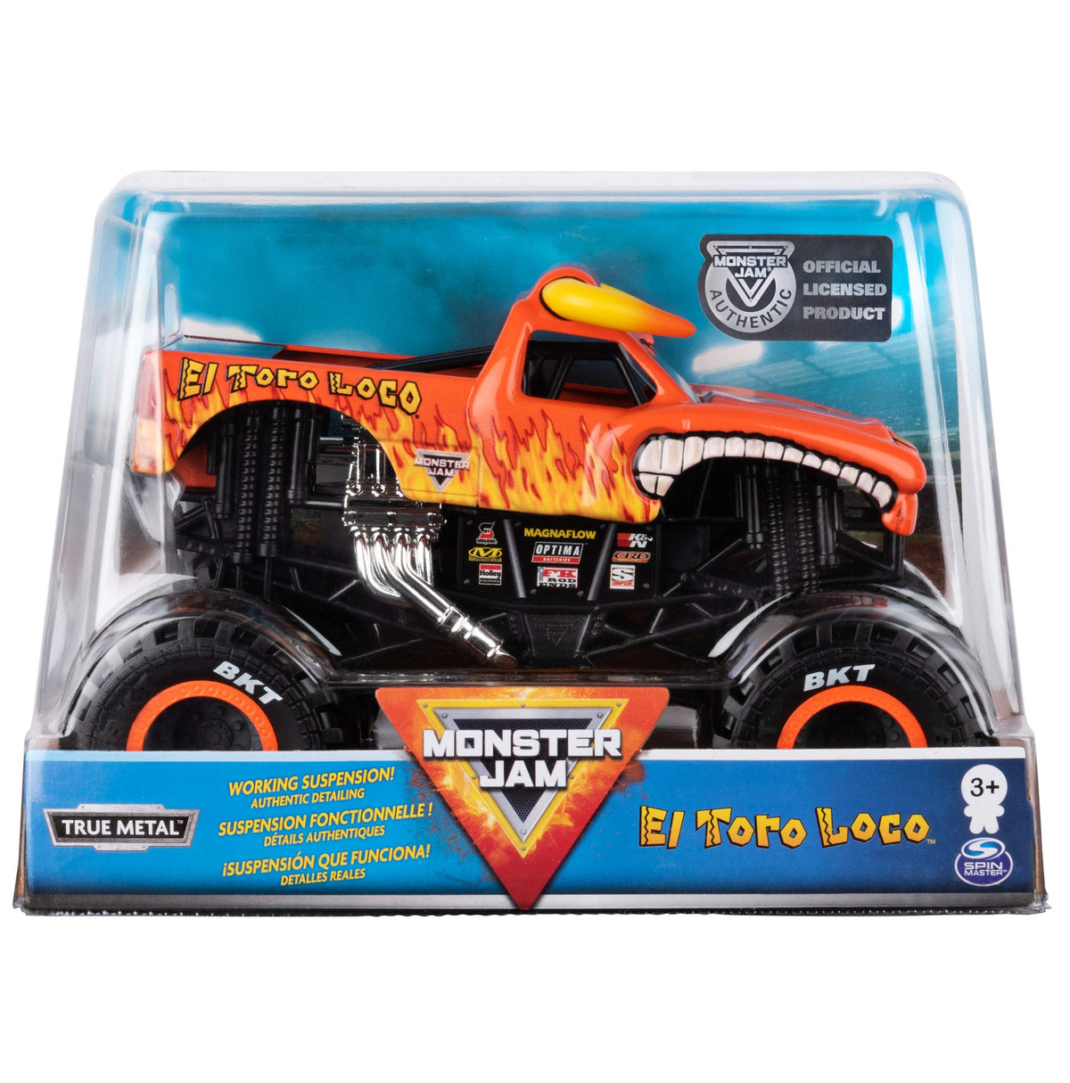Monster Jam El Toro Loco die-cast truck with authentic 1:24 scale details, ready for display.
