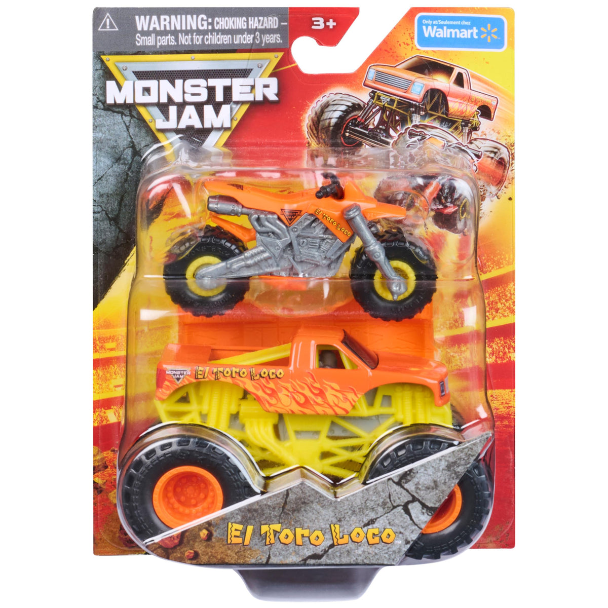Monster Jam El Toro Loco truck with bold graphics and a 1:64 scale for display or play.
