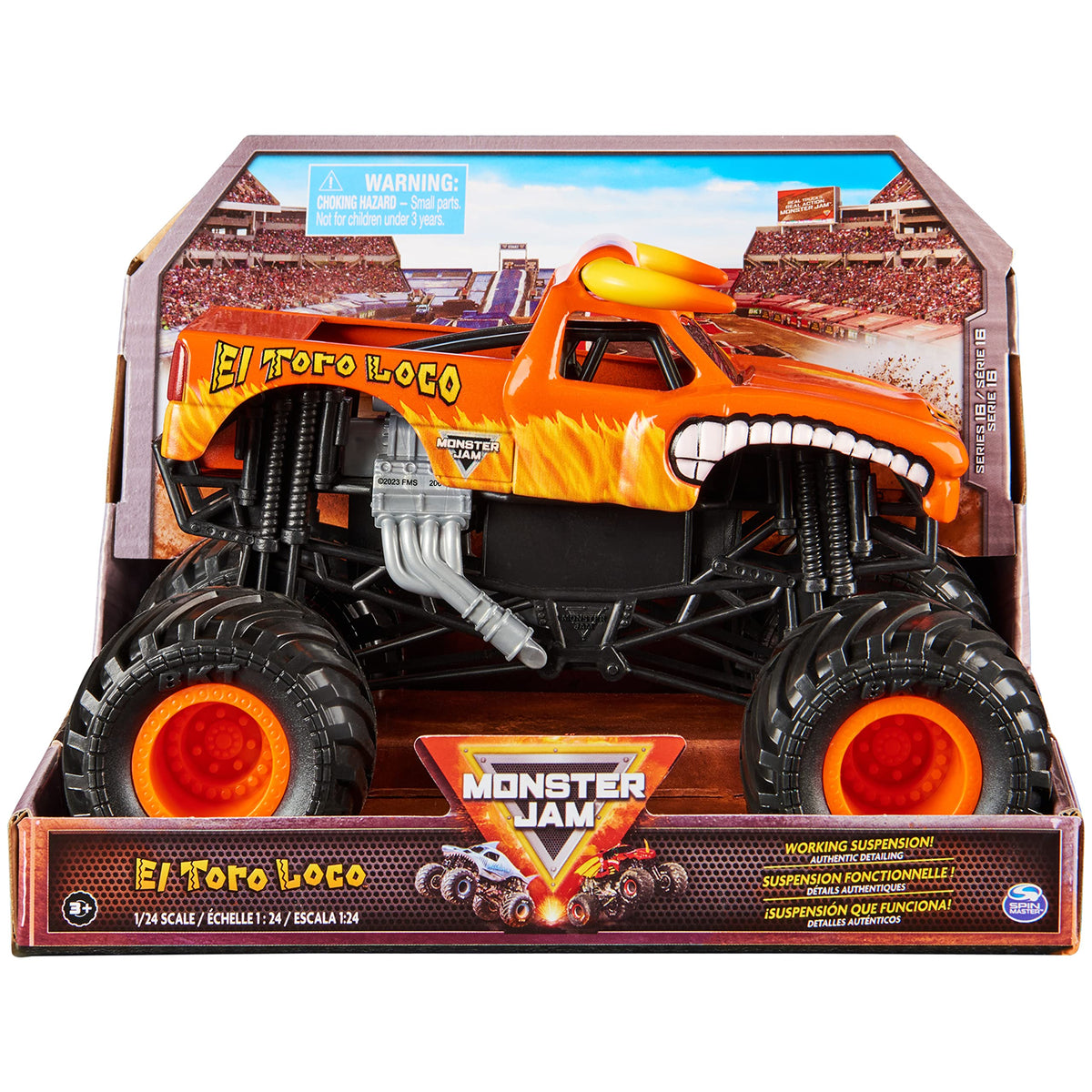 Monster Jam El Toro Loco truck front view with official license and bold graphics