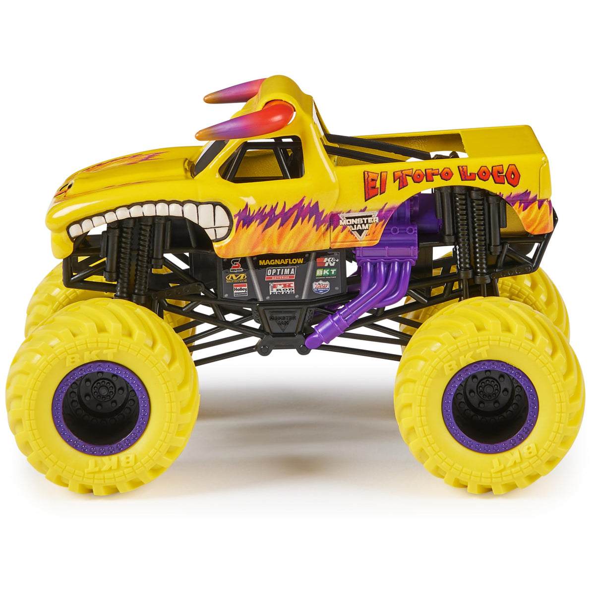 Monster Jam El Toro Loco 1:24 scale truck rubber BKT tires offer solid traction during play.