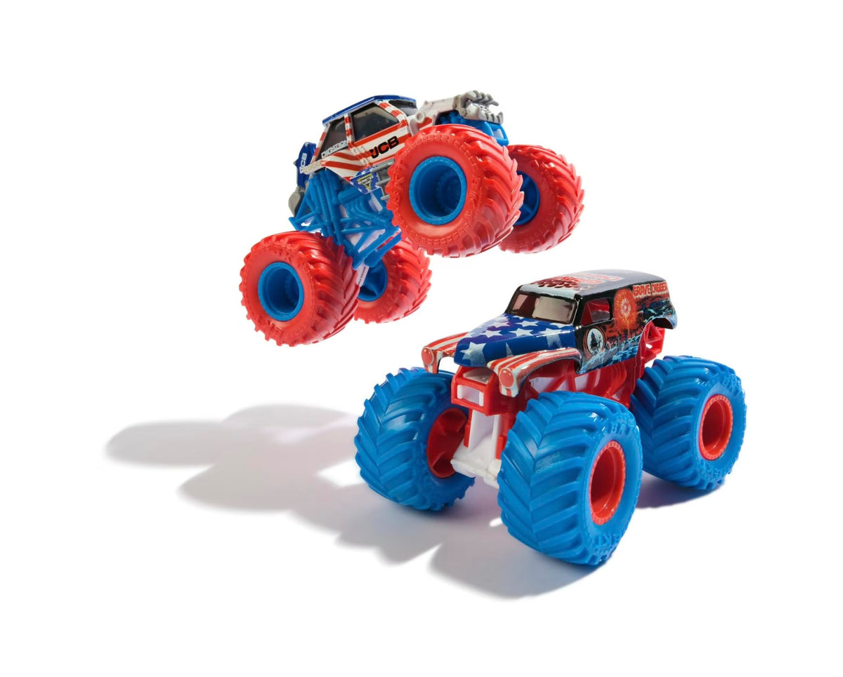 Exclusive red, white, and blue Monster Jam design ideal for display and pretend racing.