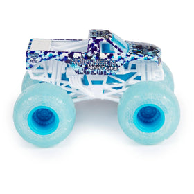 Monster Jam Megalodon and Monster Mutt in fiery ice coloring