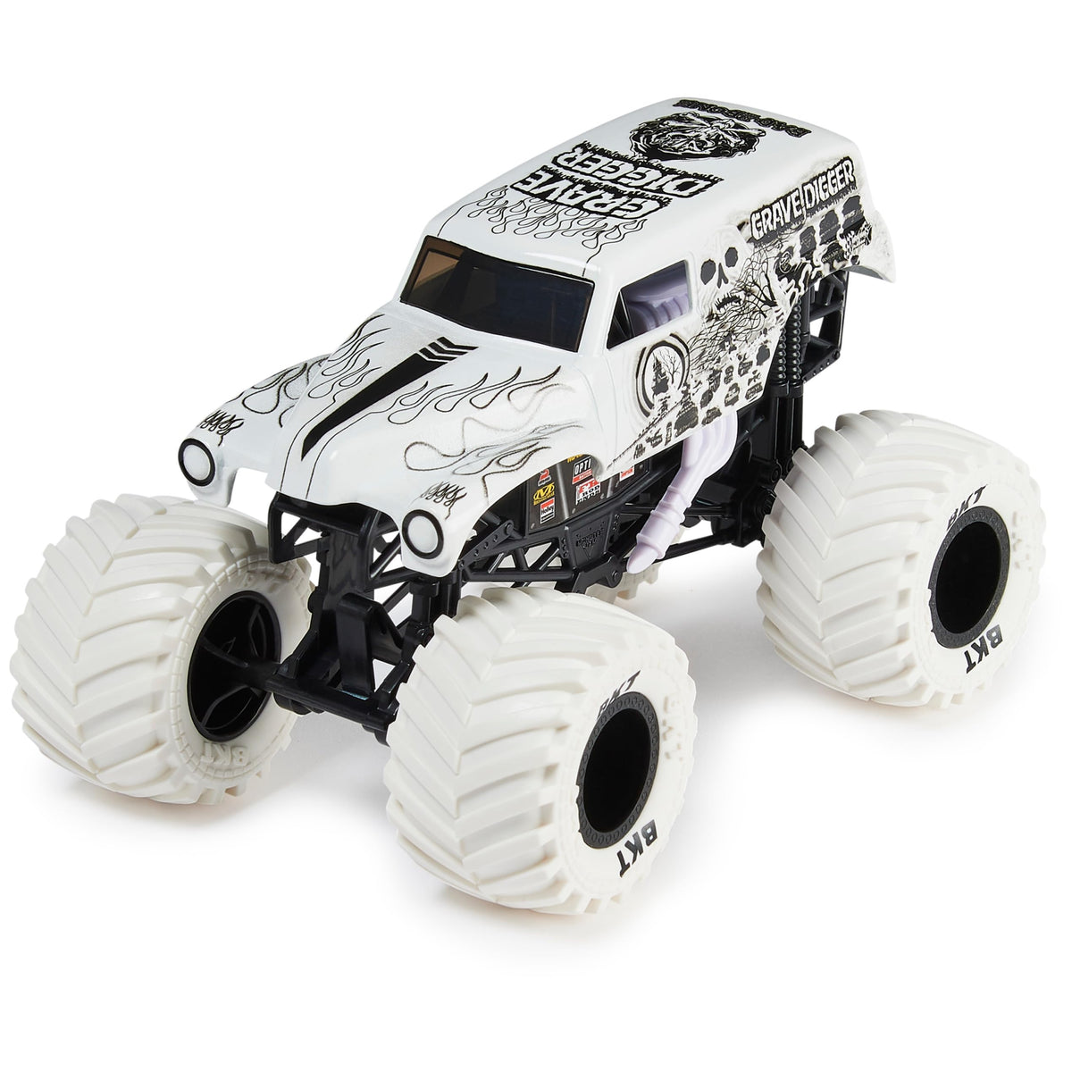Monster Jam Grave Digger 1:24 front view showcases bold branding for shelf display and imaginative racing