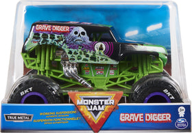 Monster Jam Grave Digger 1:24 front view with authentic scale and chrome accents for display.
