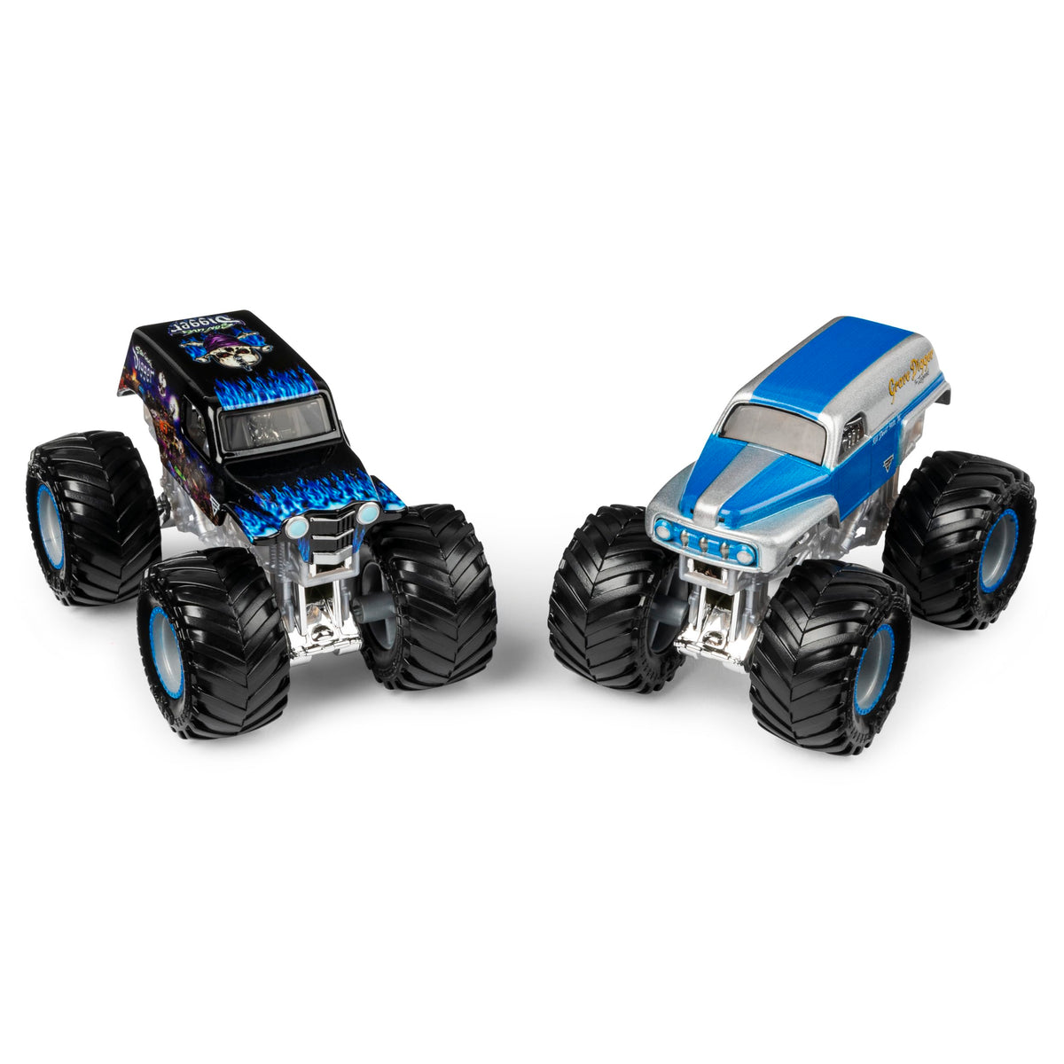 Monster Jam Grave Digger 1:64 die-cast side view ideal for dynamic display.
