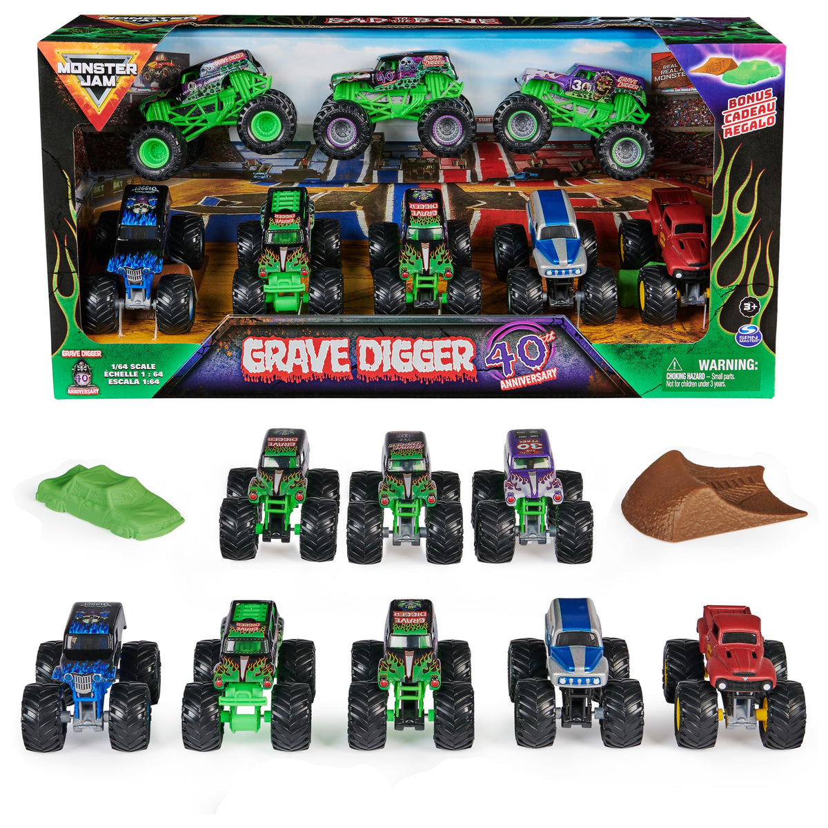 Monster Jam Grave Digger 40th Anniversary 8-Pack trucks display authentic graphics for display and play