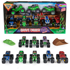 Monster Jam Grave Digger 40th Anniversary 8-Pack trucks display authentic graphics for display and play