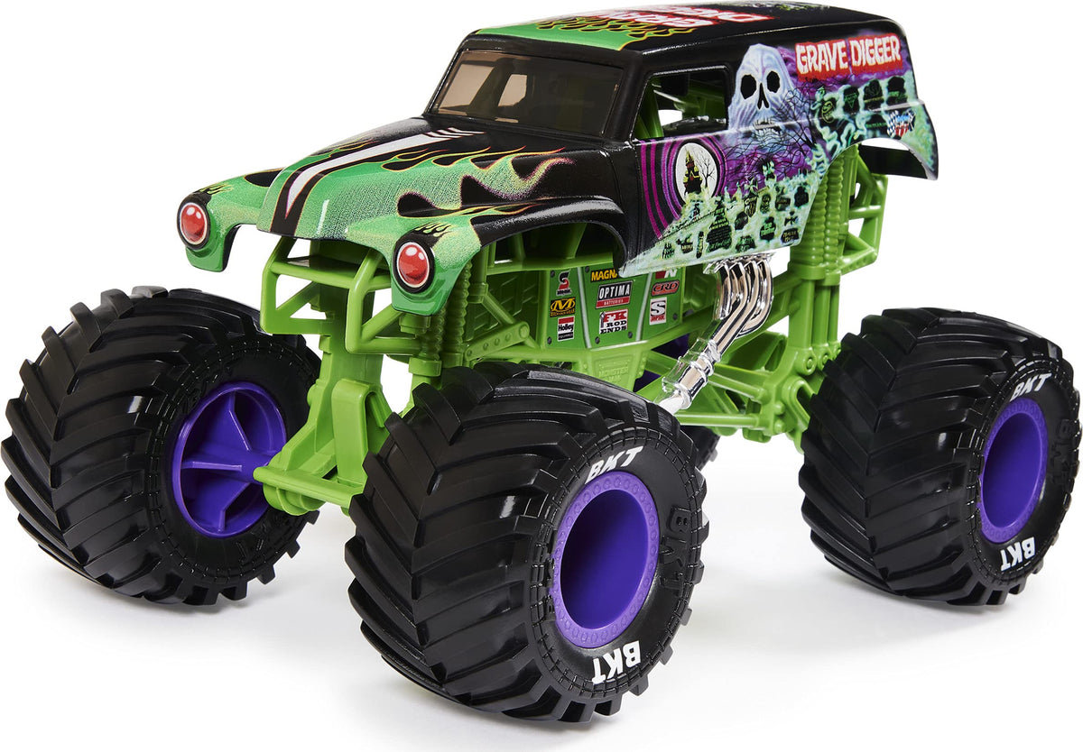 Monster Jam Grave Digger BKT tires close-up emphasizing traction for action-packed play.
