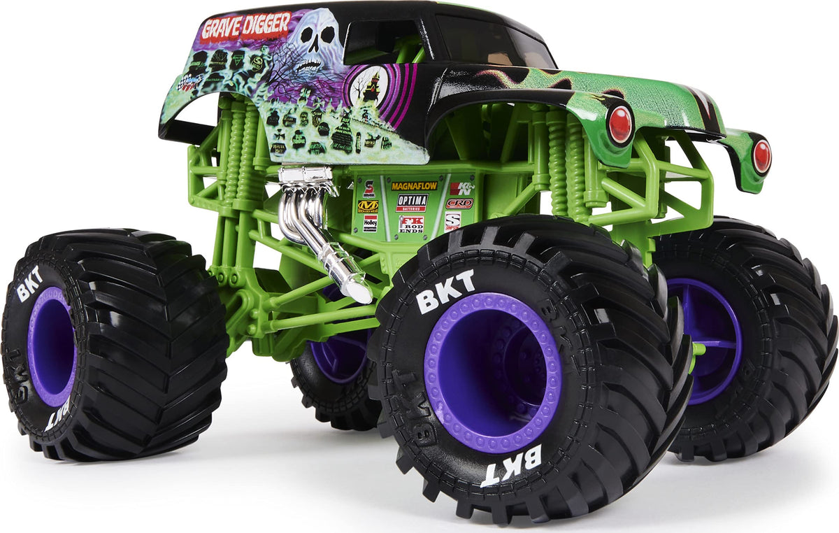Monster Jam Grave Digger chrome rims close-up highlighting premium detailing and durability.