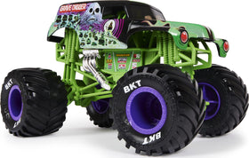 Monster Jam Grave Digger chrome rims close-up highlighting premium detailing and durability.