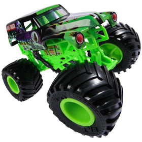 Grave Digger close-up shows detailed chassis and authentic styling.