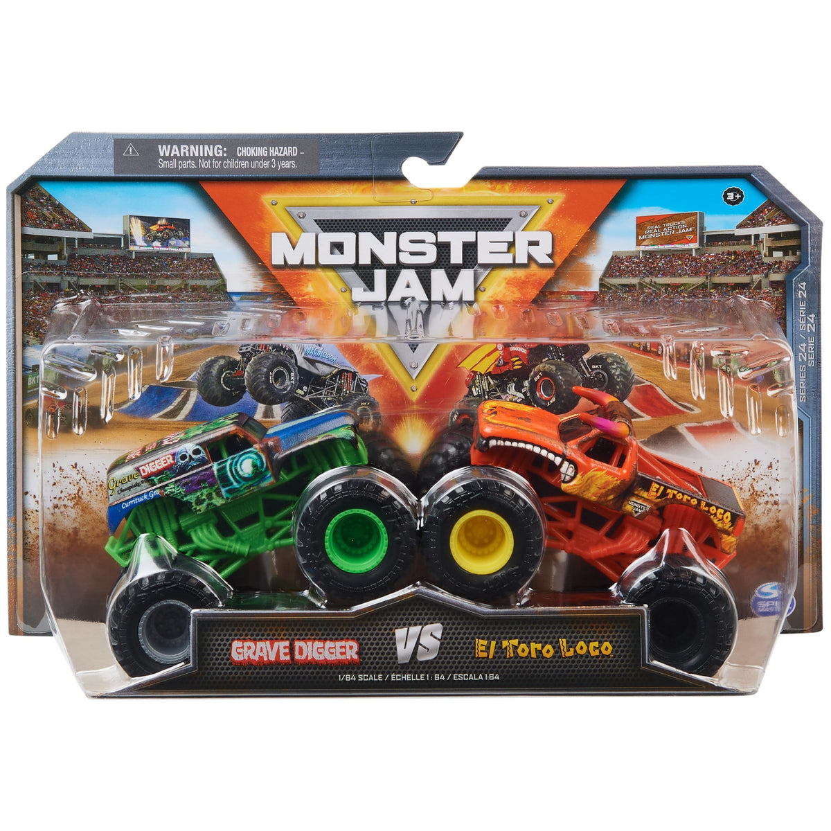 Monster Jam Grave Digger and El Toro Loco 164-front view, ready for display and play.