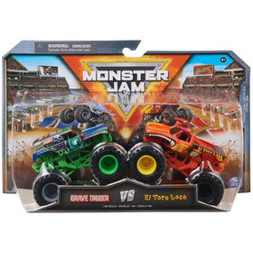 Monster Jam Grave Digger and El Toro Loco 164-front view, ready for display and play.