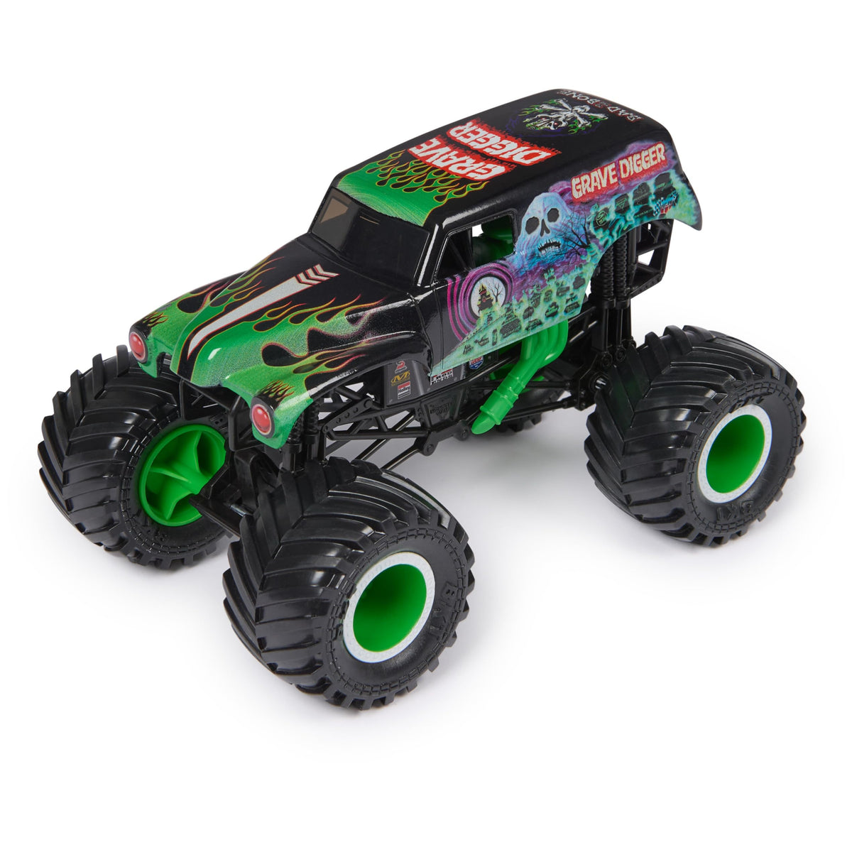 Monster Jam Grave Digger exterior-details showcase authentic branding across the body for display.