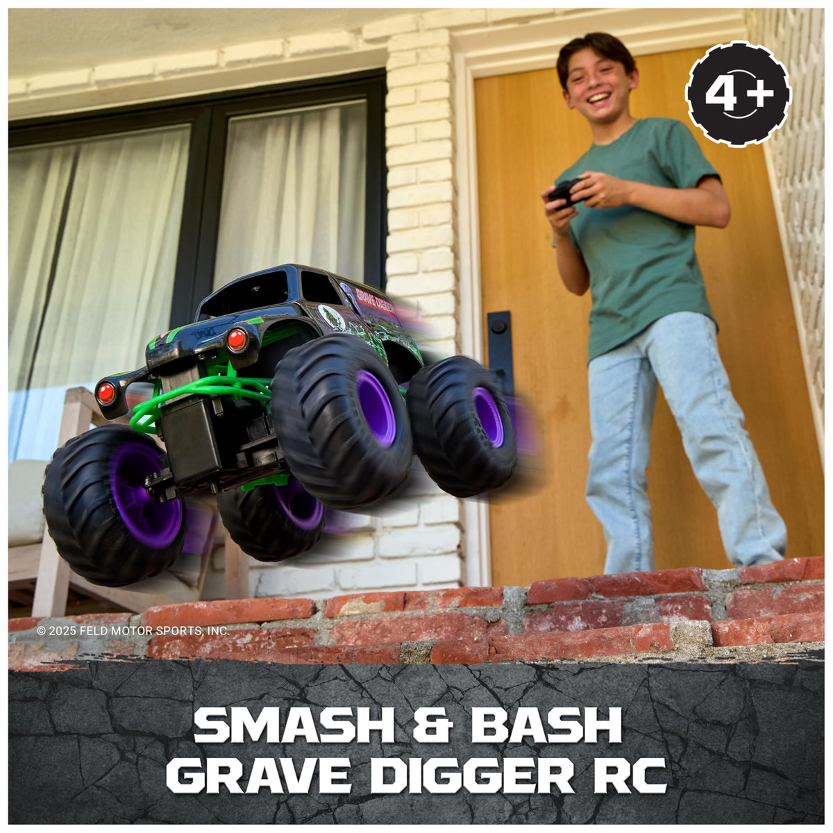 Grave Digger RC crash action demonstrates durable design for high-energy stunt sessions.