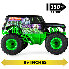 Grave Digger RC truck with oversized BKT tires for grip