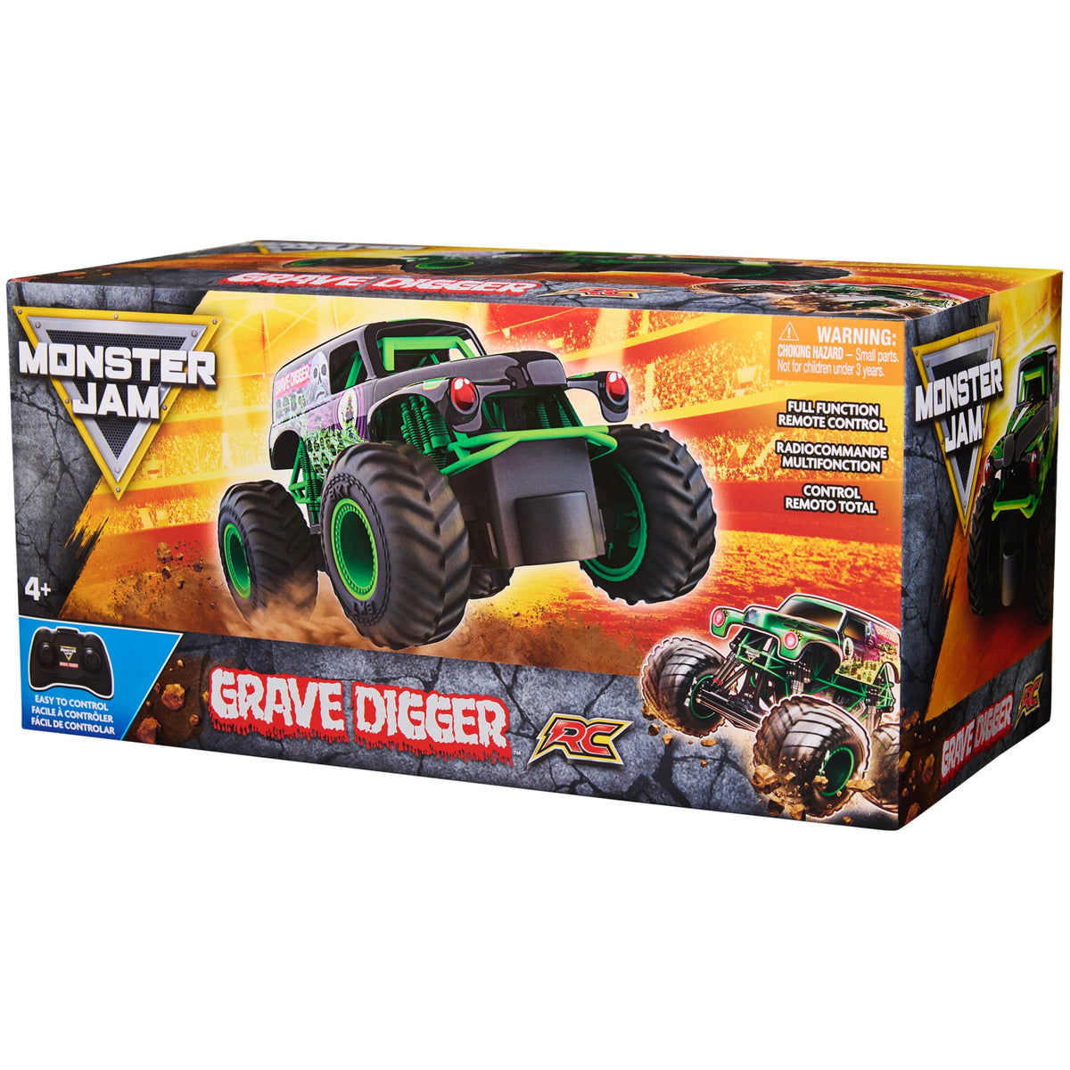 Grave Digger RC truck in stunt action with donuts