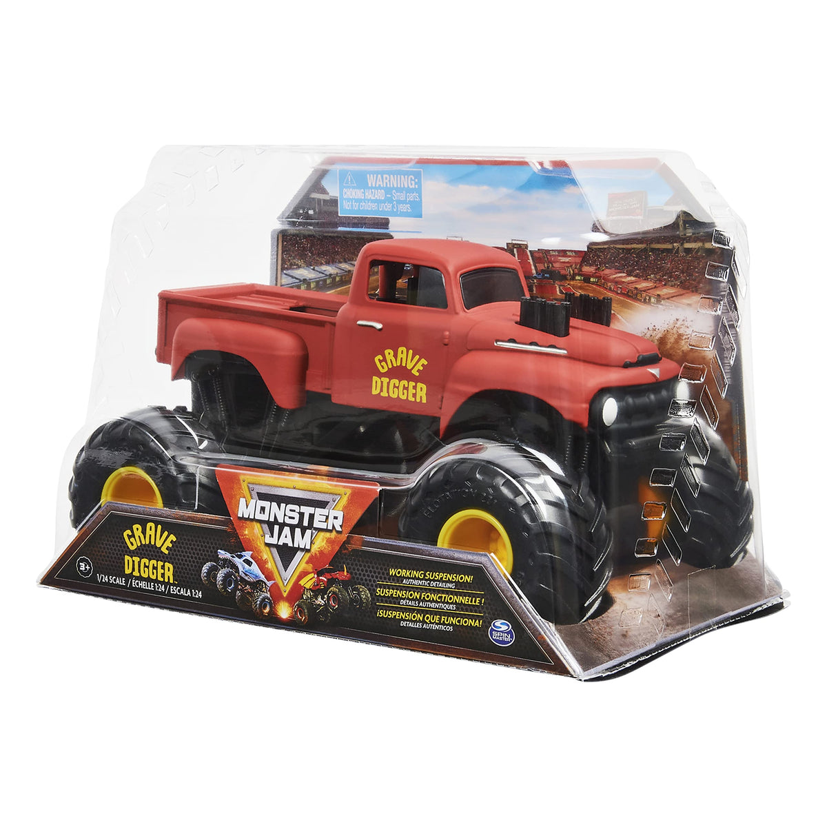 Rubber BKT tires on Grave Digger Retro 1:24 for improved traction.