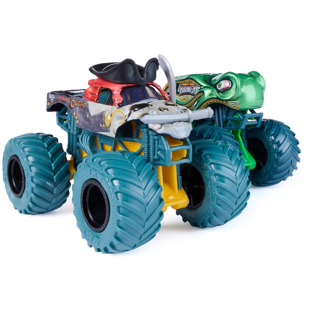 Monster Jam Grave Digger vs Avenger 1:64 scale trucks with authentic graphics.