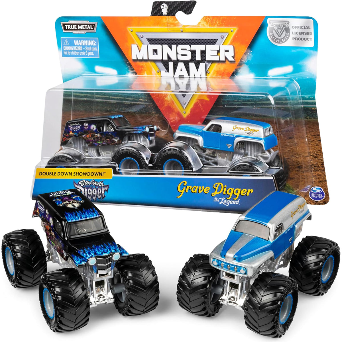 Monster Jam Grave Digger vs Son-Uva Digger 1:64 duo pack front view for display and collection.