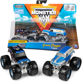 Monster Jam Grave Digger vs Son-Uva Digger 1:64 duo pack front view for display and collection.