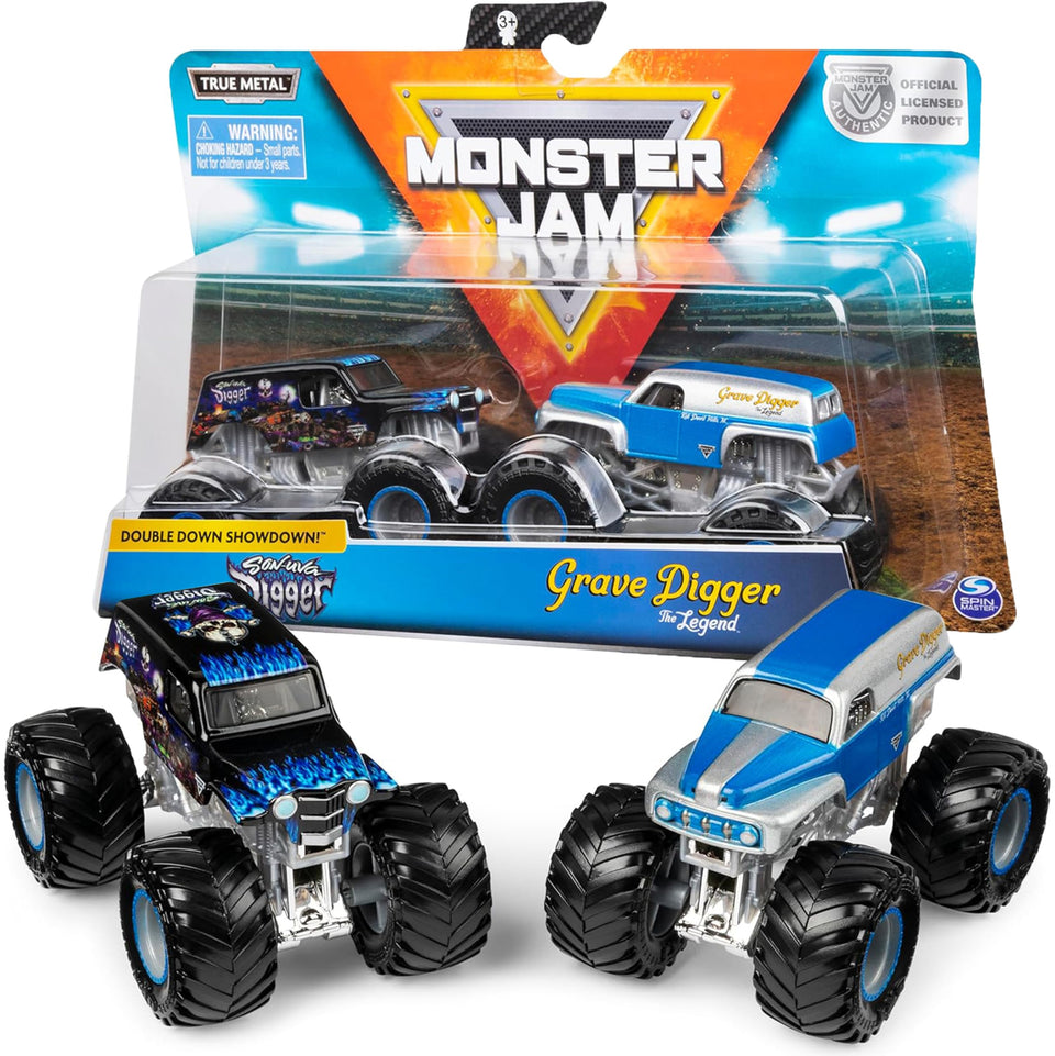 Monster Jam Grave Digger vs Son-Uva Digger 1:64 duo pack front view for display and collection.